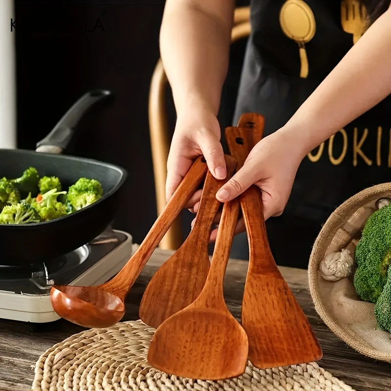DecorBites™ 4-Piece Wooden Kitchen Utensil Set | Nonstick Cooking Tools