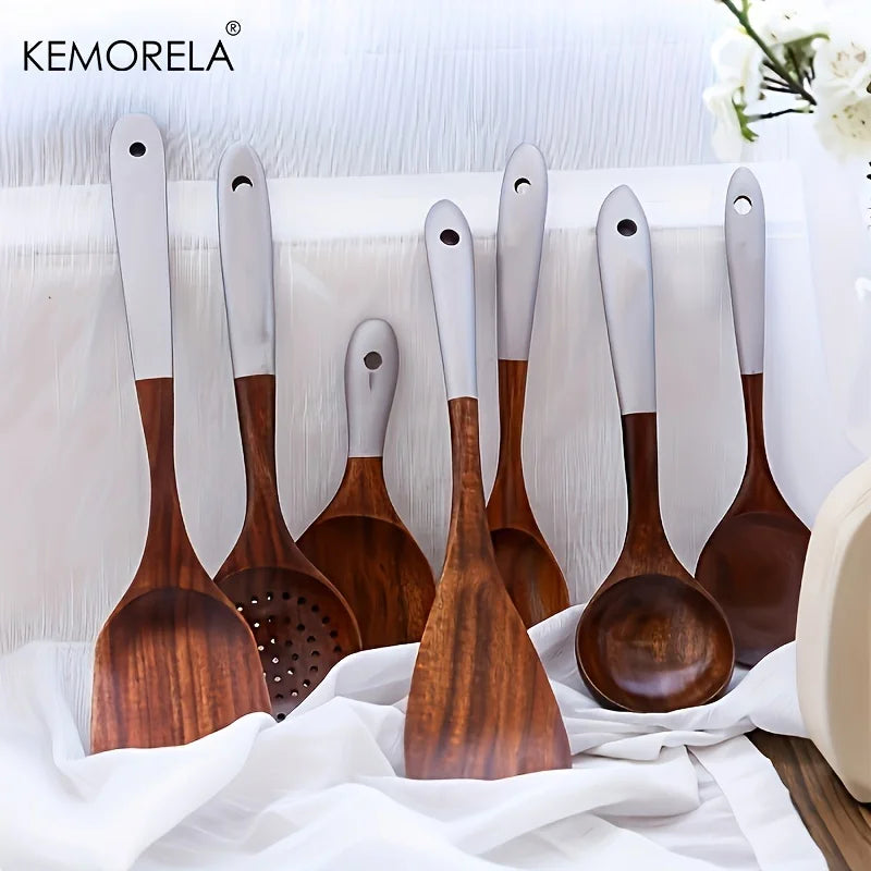 DecorBites™ 7-Piece Thai Wooden Cooking Utensil Set | Eco-Friendly Kitchen Tableware