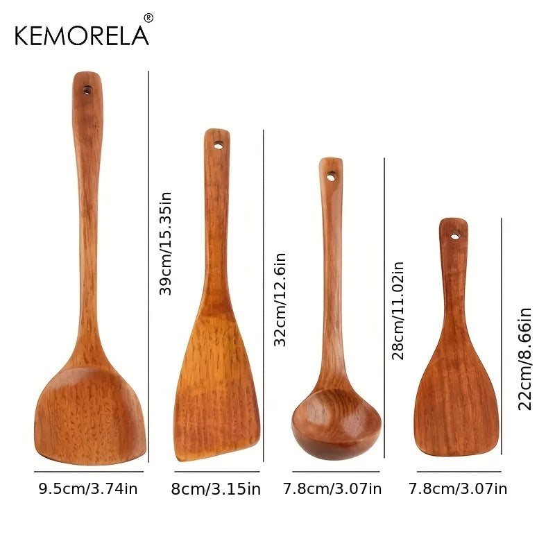 DecorBites™ 4-Piece Wooden Kitchen Utensil Set | Nonstick Cooking Tools