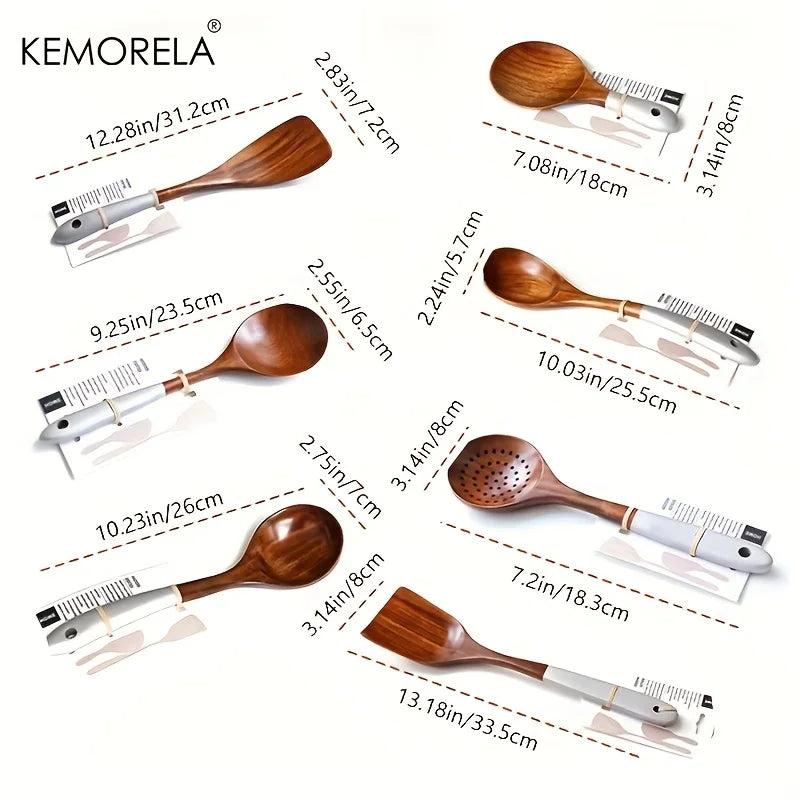 DecorBites™ 7-Piece Thai Wooden Cooking Utensil Set | Eco-Friendly Kitchen Tableware
