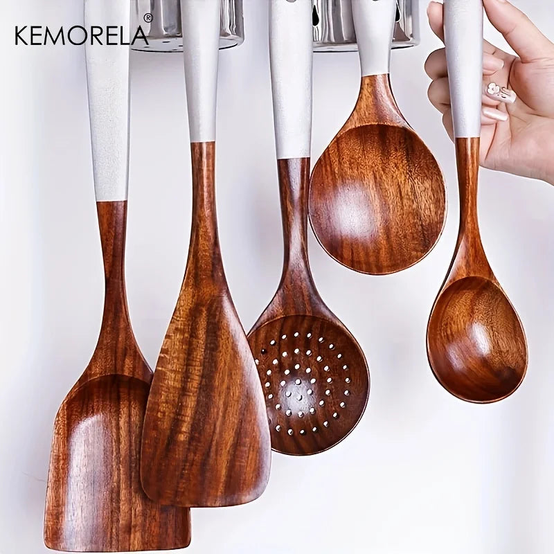 DecorBites™ 7-Piece Thai Wooden Cooking Utensil Set | Eco-Friendly Kitchen Tableware