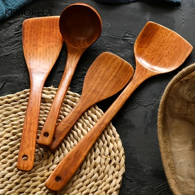 DecorBites™ 4-Piece Wooden Kitchen Utensil Set | Nonstick Cooking Tools